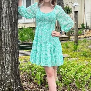 Floral Turqoise Dress with Puff Sleeves